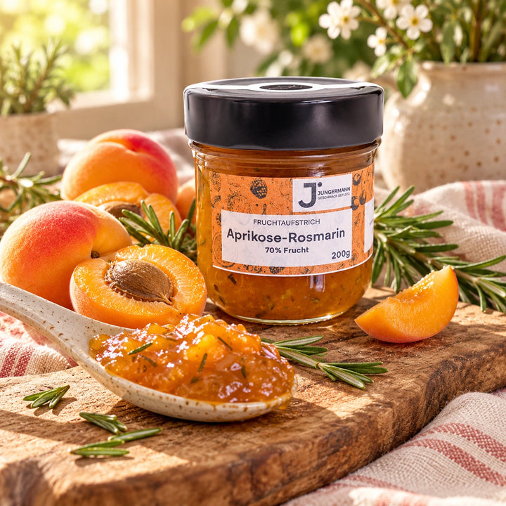 Nahaufnahme: Aprikosen-Rosmarin Fruchtaufstrich mit fruchtiger Konsistenz auf einem Keramiklöffel vor dem Originalglas