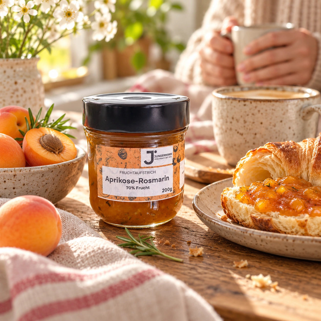 Frühstückstisch mit Aprikosen-Rosmarin Fruchtaufstrich, bestrichenem Buttercroissant, Kaffee und halbierten Aprikosen