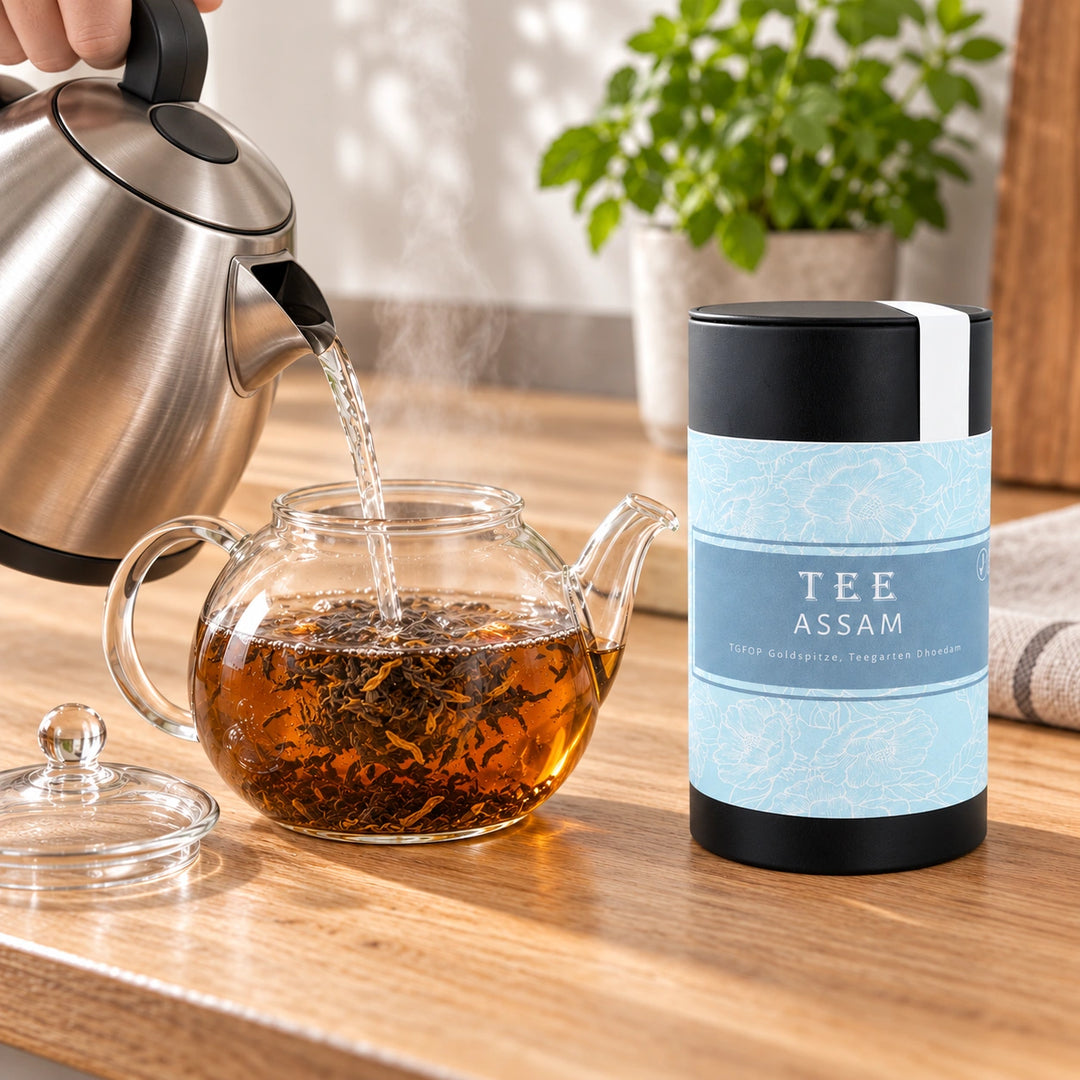 Assam Tee wird mit heißem Wasser in einer offenen Glaskanne aufgegossen; daneben steht die originale hellblau etikettierte Dose.