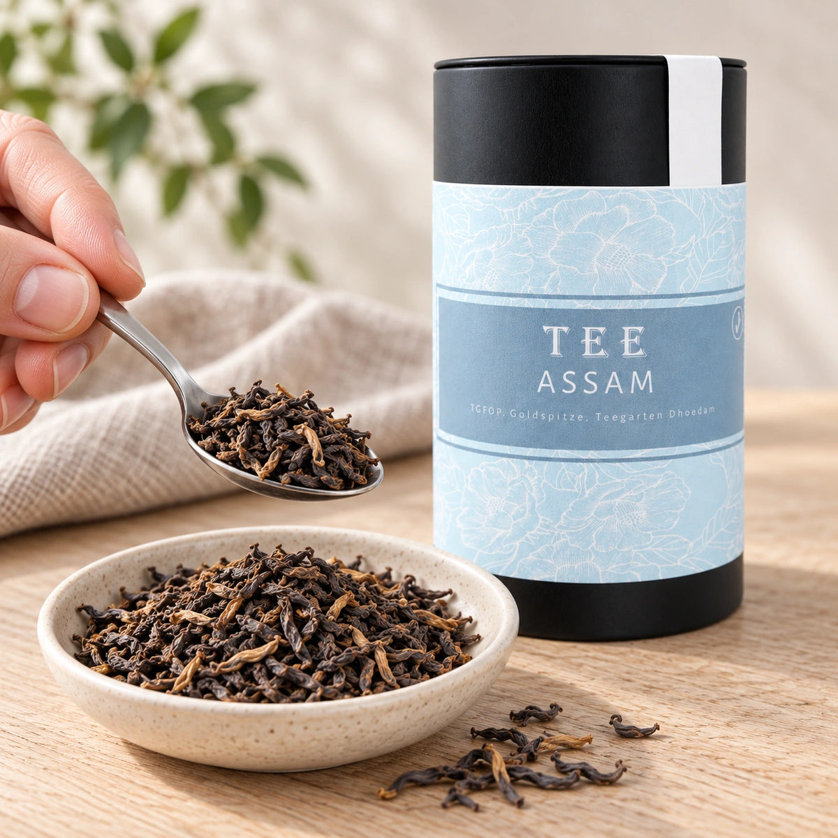 Loser Assam Tee mit goldbraunen Blattspitzen wird neben der originalen hellblau etikettierten Dose mit einem Teelöffel dosiert.