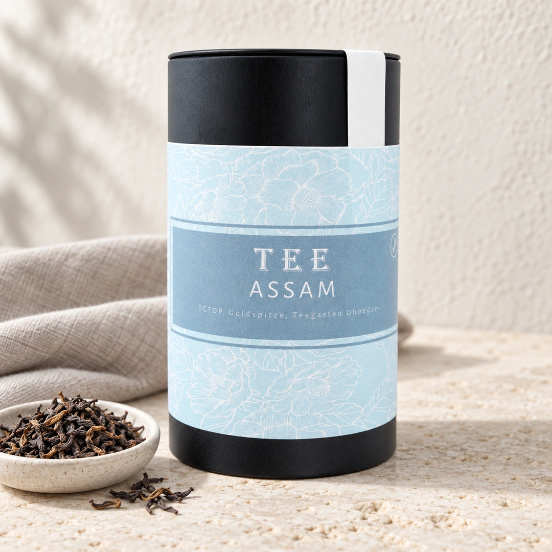 Assam Tee in der originalen schwarzen Dose mit hellblauem Blumenetikett neben losen Teeblättern auf Naturstein.