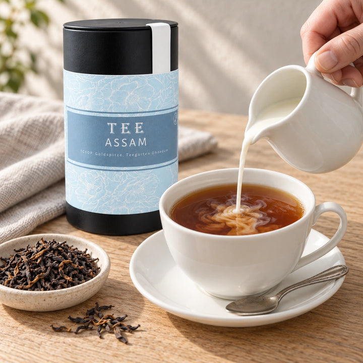 Milch wird als Serviervorschlag in eine Tasse Assam Tee gegossen; daneben stehen die originale Teedose und lose Teeblätter.