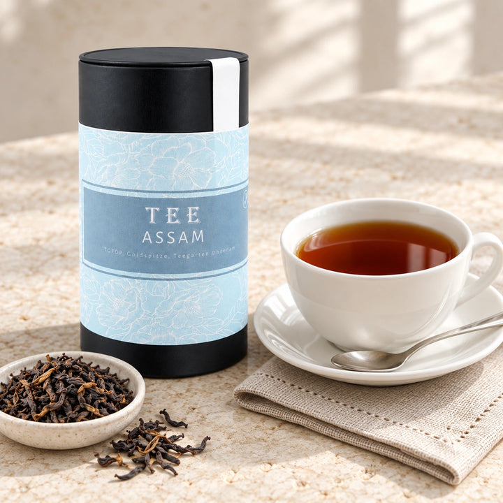 Pur servierter Assam Tee in einer weißen Tasse neben der originalen Teedose und einer kleinen Schale loser Teeblätter.