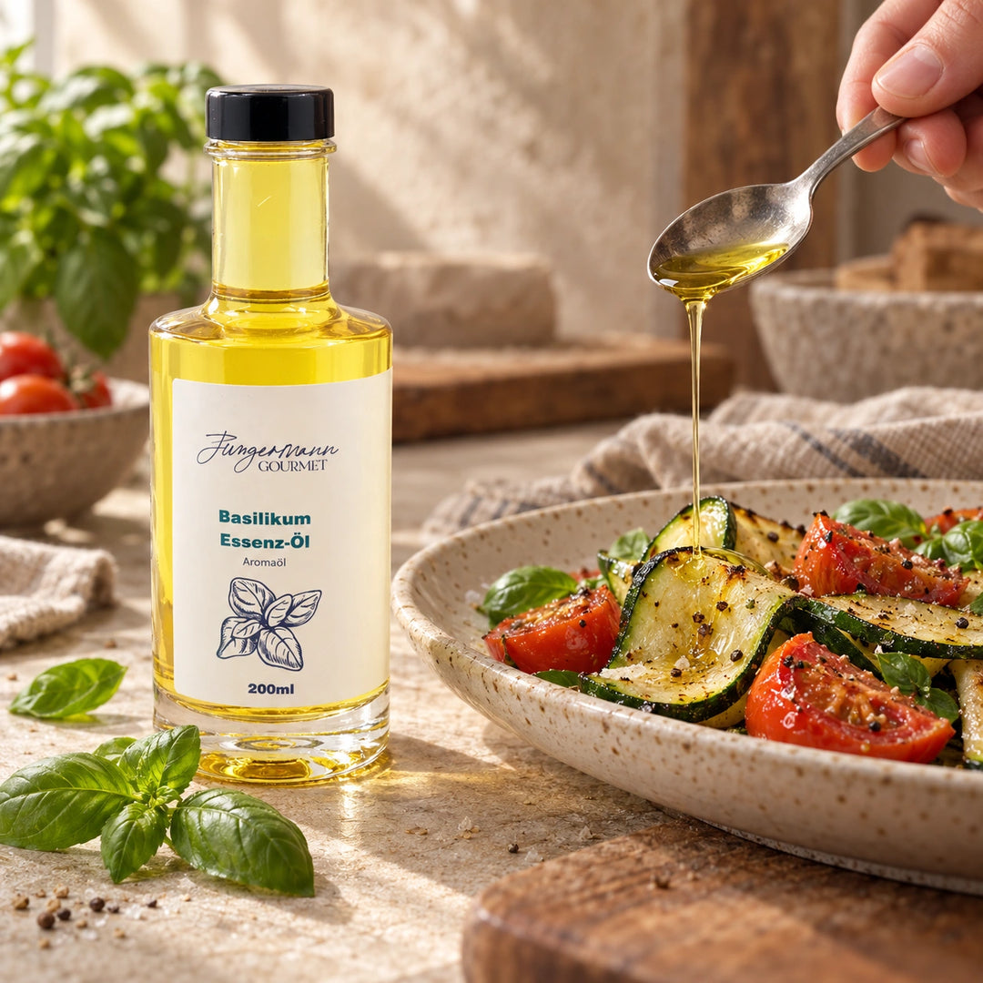 Basilikum-Essenzöl in der 200-ml-Flasche neben gerösteten Zucchini und Tomaten, die mit Öl beträufelt werden; Serviervorschlag.