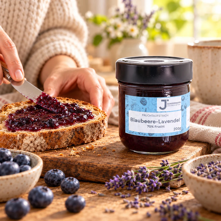 Eine Hand streicht Blaubeere-Lavendel Fruchtaufstrich auf eine Scheibe Bauernbrot, neben dem Originalglas und frischen Blaubeeren