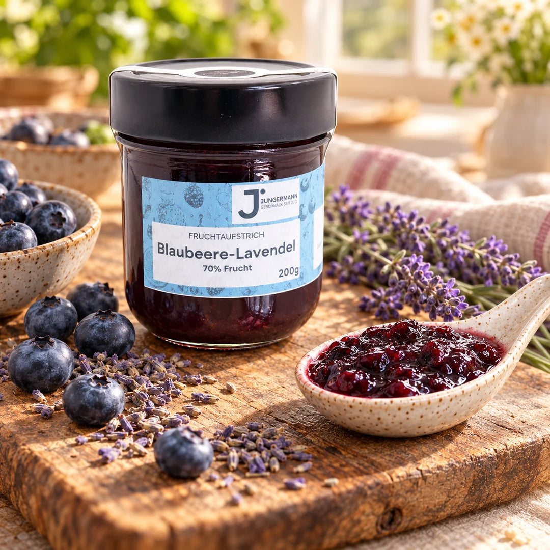 Nahaufnahme: Blaubeere-Lavendel Fruchtaufstrich mit fruchtiger Konsistenz auf einem Keramiklöffel vor dem Originalglas