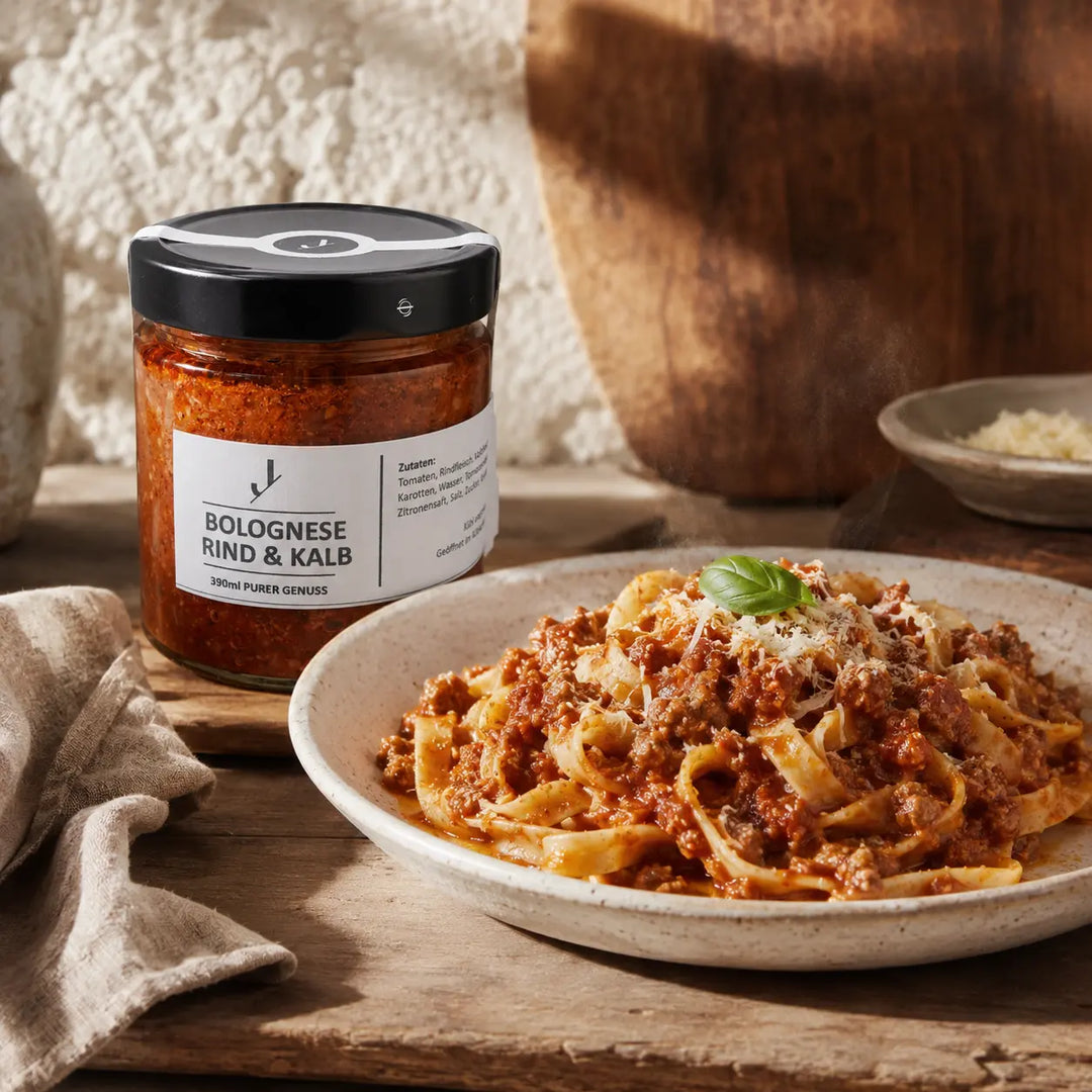 Jungermann Gourmet Bolognese-Sauce vom Rind und Kalb zu Tagliatelle mit Parmesan