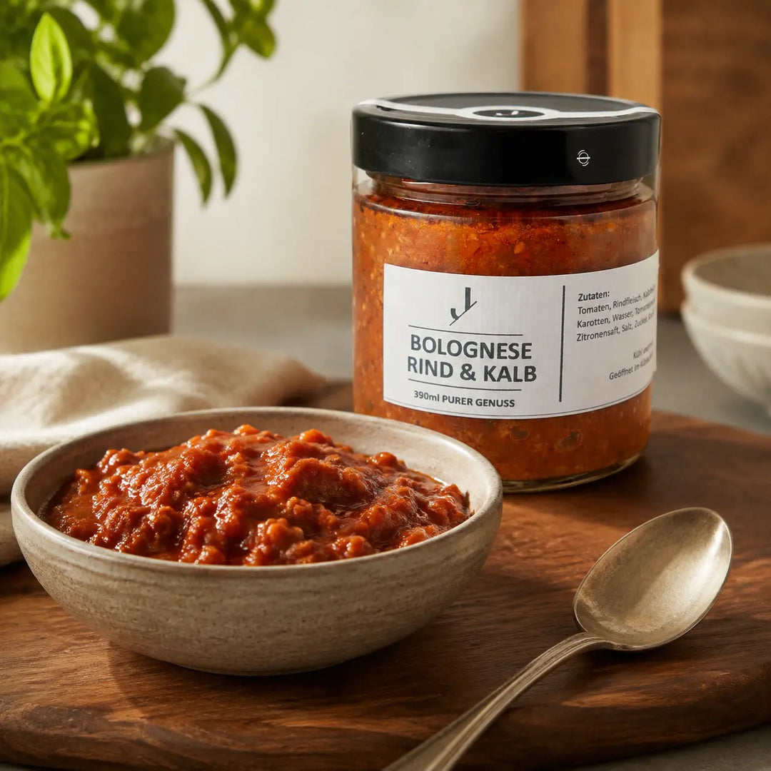 Jungermann Gourmet Bolognese-Sauce vom Rind und Kalb mit Sauce in Keramikschale