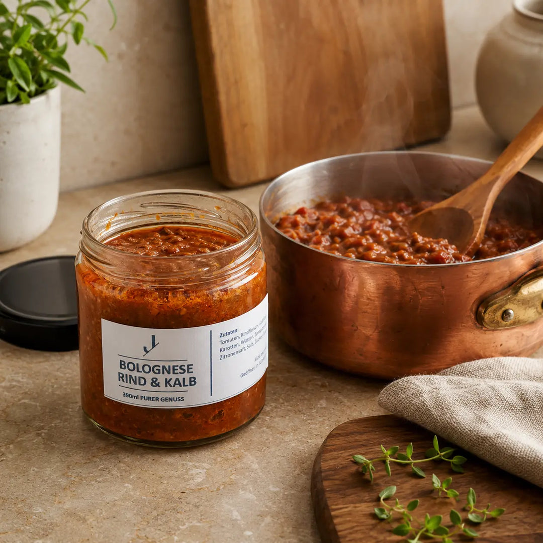 Jungermann Gourmet Bolognese-Sauce vom Rind und Kalb beim Erwärmen im Kupfertopf