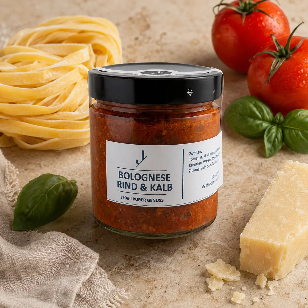 Jungermann Gourmet Bolognese-Sauce vom Rind und Kalb mit Tagliatelle, Tomaten, Basilikum und Parmesan