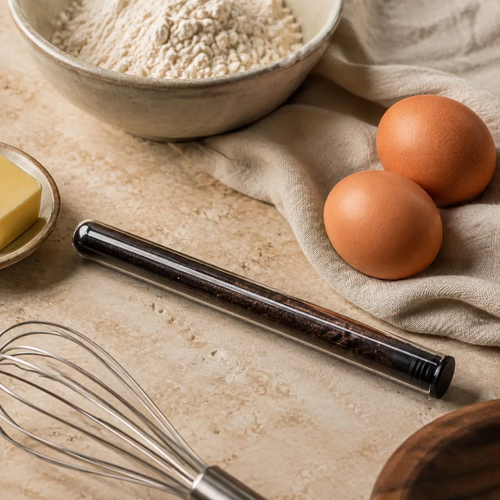 Jungermann Gourmet Bourbon Vanille-Pulver mit Mehl, Eiern, Butter und Schneebesen
