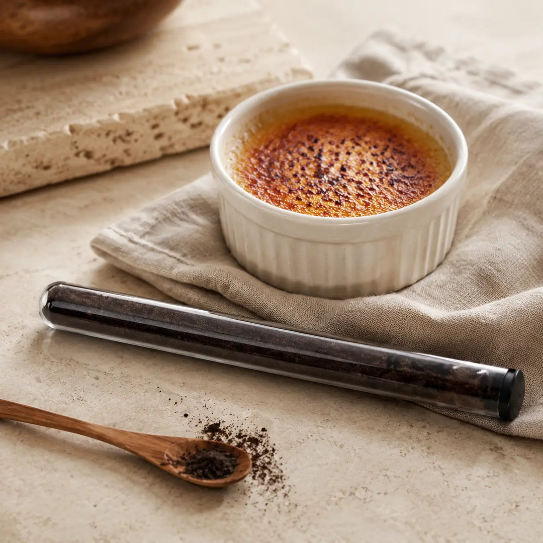 Jungermann Gourmet Bourbon Vanille-Pulver neben Crème brûlée