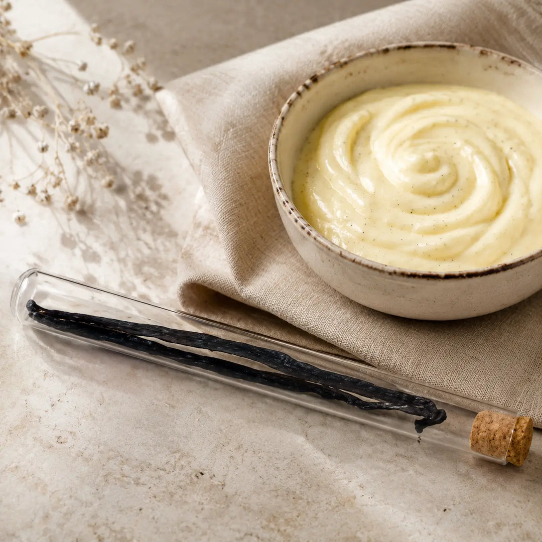 Jungermann Gourmet Bourbon Vanilleschoten neben Vanillecreme