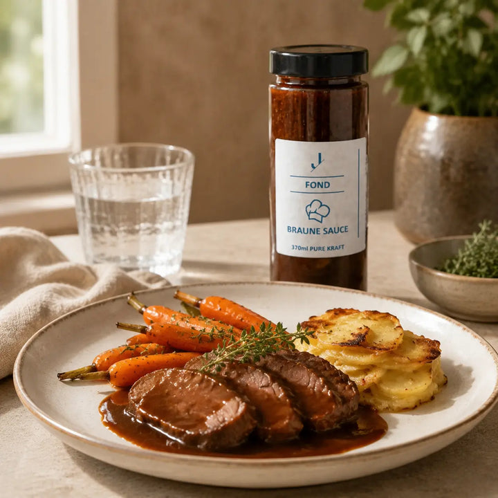 Jungermann Gourmet Brauner Saucen-Fond Kraftbrühe zu Rinderbraten, Karotten und Kartoffelgratin