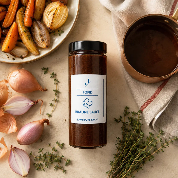 Jungermann Gourmet Brauner Saucen-Fond Kraftbrühe mit Wurzelgemüse, Schalotten und Thymian