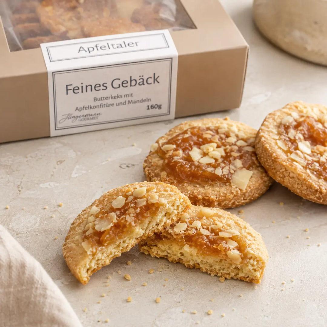 Jungermann Gourmet Butter-Apfel Apfeltaler aufgebrochen mit Apfelkonfitüre