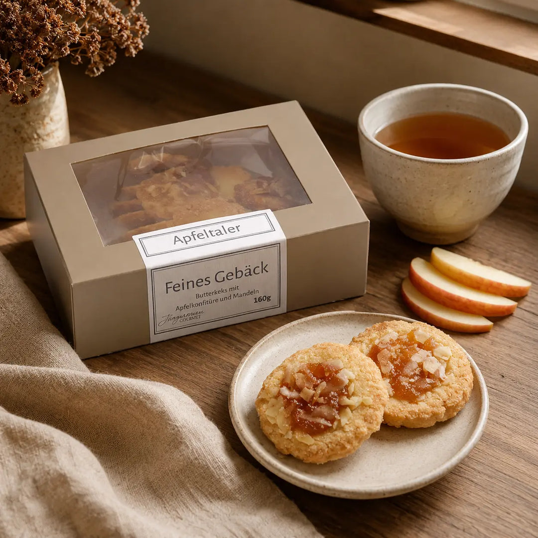 Jungermann Gourmet Butter-Apfel Apfeltaler mit Tee und Apfelscheiben