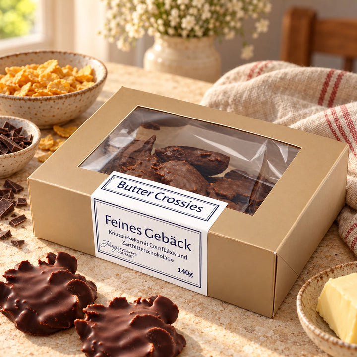 Butter-Crossies Zartbitter von Jungermann Gourmet in der Originalschachtel mit passenden Zutaten auf hellem Naturstein.