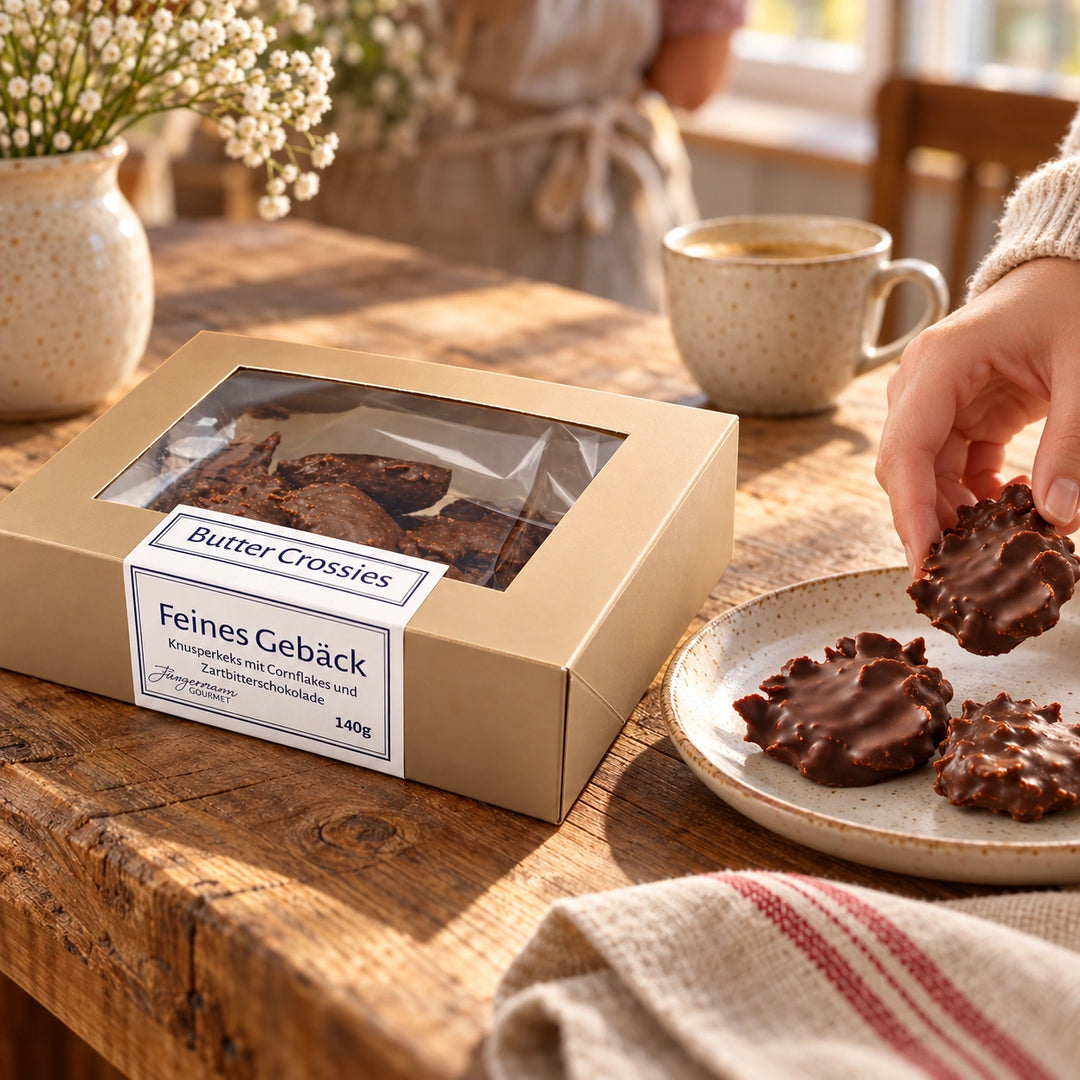 Eine Hand serviert Butter-Crossies Zartbitter neben der Originalschachtel von Jungermann Gourmet auf einem Holztisch.