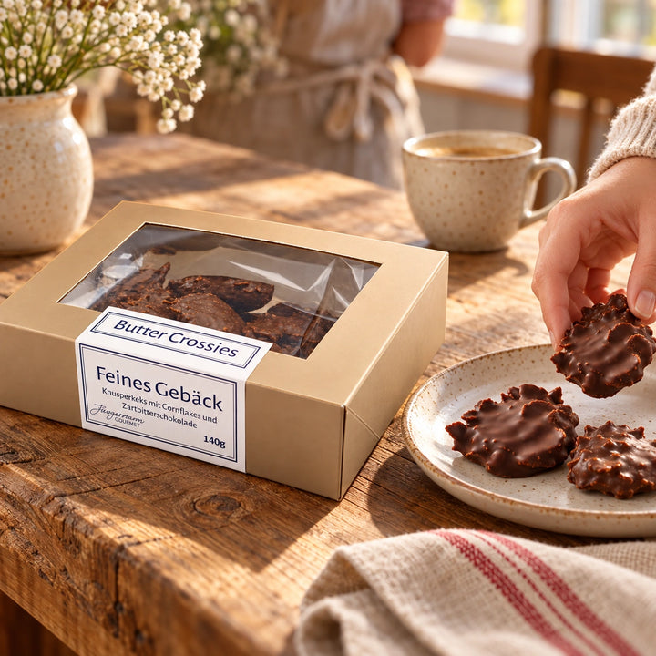 Eine Hand serviert Butter-Crossies Zartbitter neben der Originalschachtel von Jungermann Gourmet auf einem Holztisch.