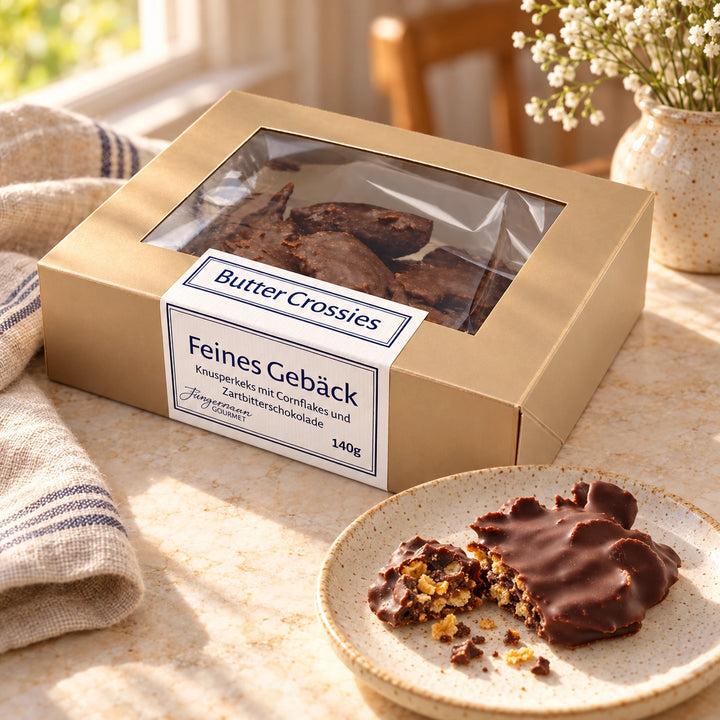 Butter-Crossies Zartbitter von Jungermann Gourmet im Detail mit sichtbarer Gebäckstruktur neben der Originalschachtel.