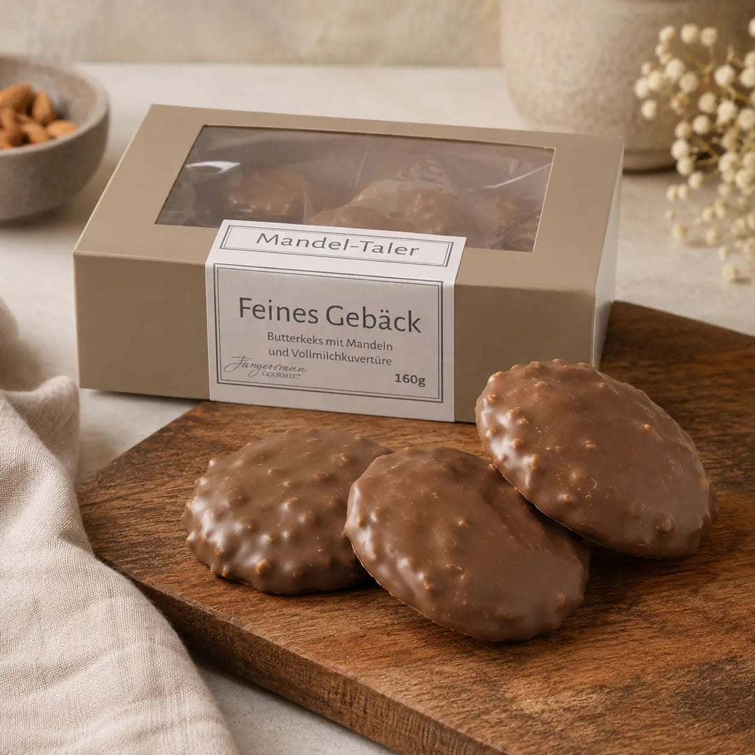 Jungermann Gourmet Butter-Mandel Mandel-Taler auf einem Holzbrett