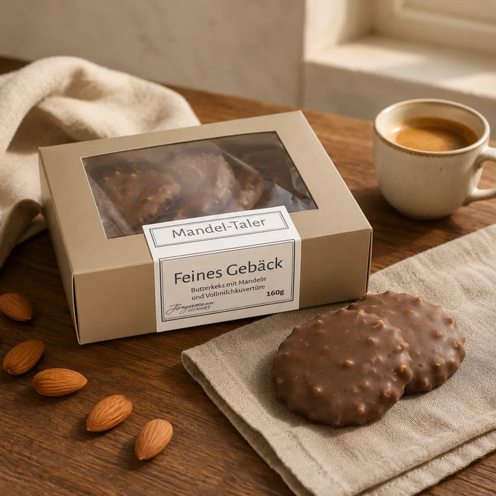 Jungermann Gourmet Butter-Mandel Mandel-Taler mit Kaffee und ganzen Mandeln