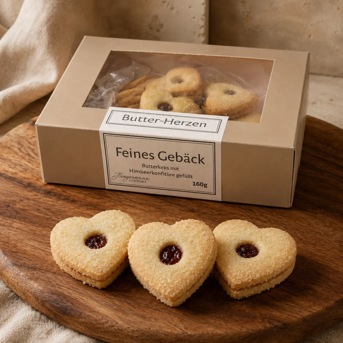 Jungermann Gourmet Butterherzen mit Himbeerkonfitüre auf Holzbrett