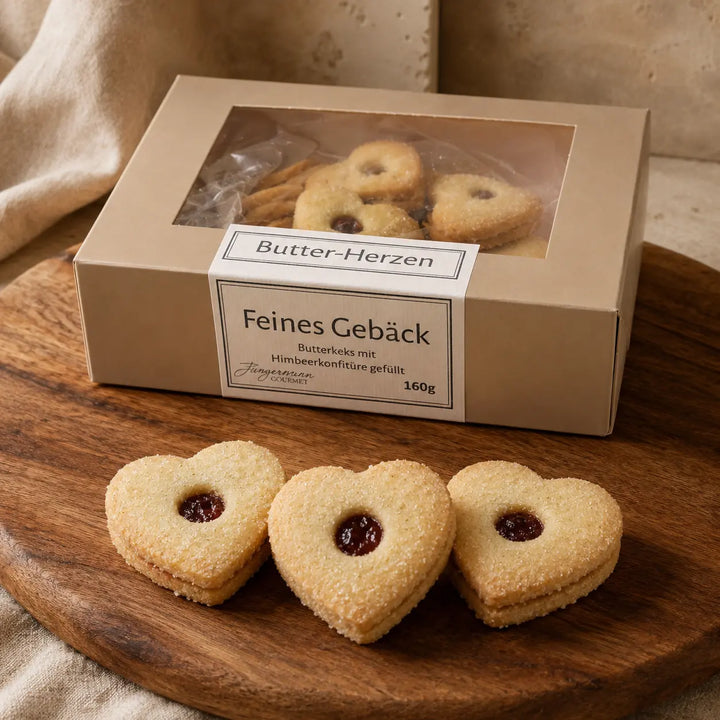 Jungermann Gourmet Butterherzen mit Himbeerkonfitüre auf Holzbrett