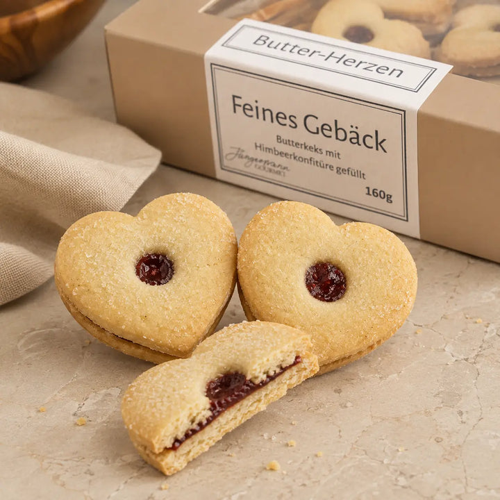 Jungermann Gourmet Butterherzen aufgeschnitten mit Himbeerkonfitüre