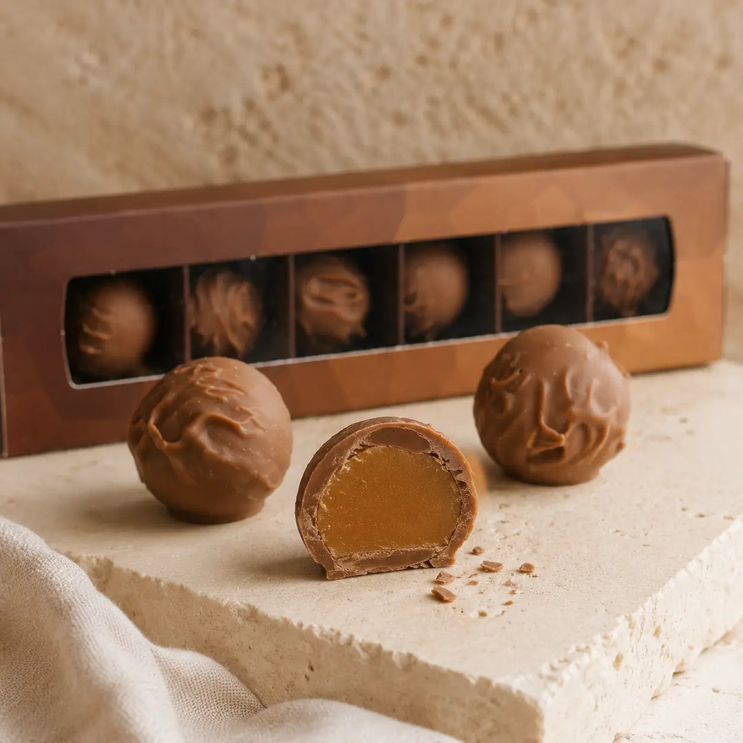 Jungermann Gourmet Caramel Trüffel aufgeschnitten mit Karamellfüllung