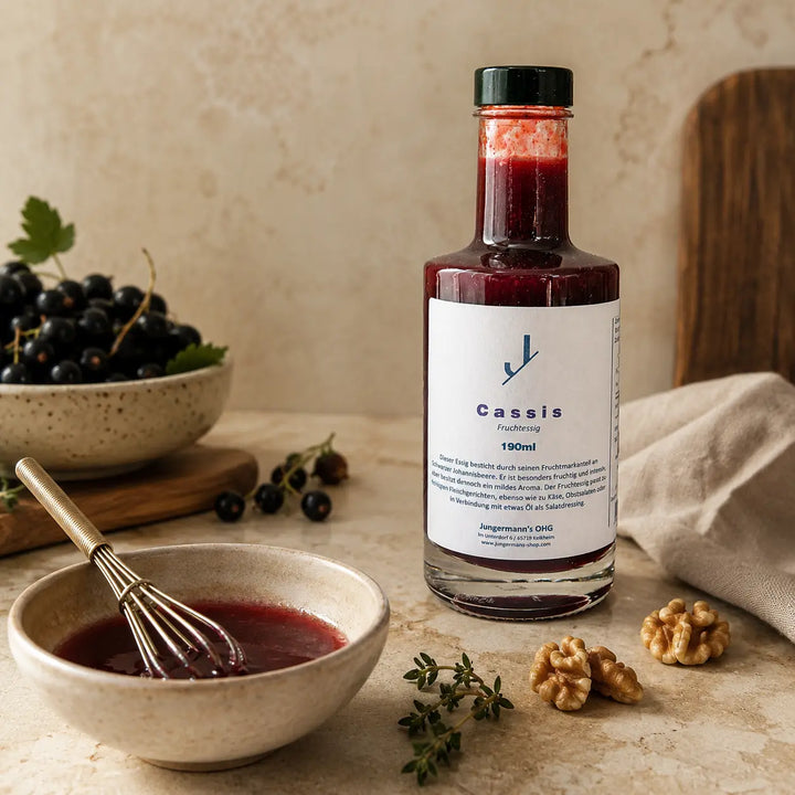 Jungermann Gourmet Cassis Essig bei der Zubereitung eines Beerendressings