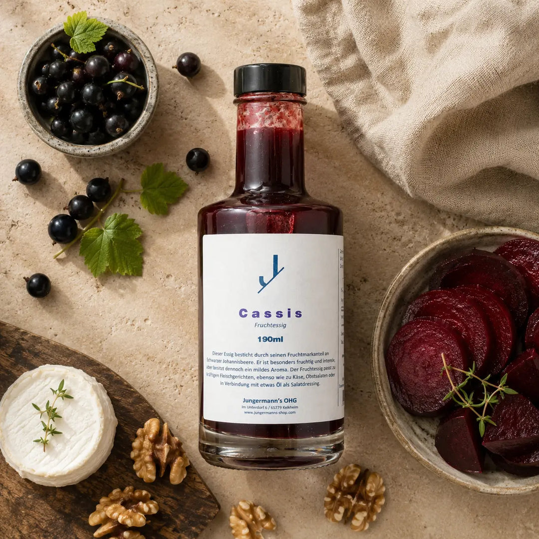 Jungermann Gourmet Cassis Essig mit Johannisbeeren, Roter Bete, Walnüssen und Käse