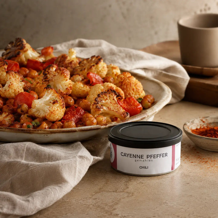 Jungermann Gourmet Cayenne Pfeffer zu geröstetem Gemüse und Kichererbsen