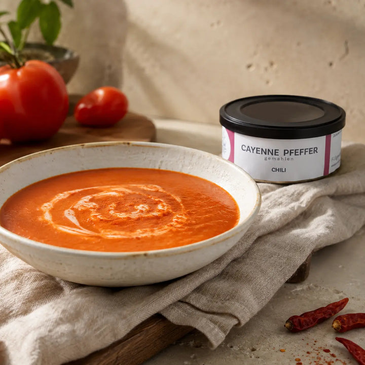Jungermann Gourmet Cayenne Pfeffer zu cremiger Tomaten-Paprika-Suppe