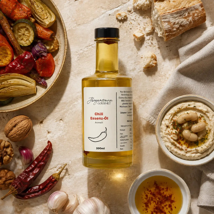 Jungermann Gourmet Chili-Essenzöl mit geröstetem Gemüse, Brot und Dip