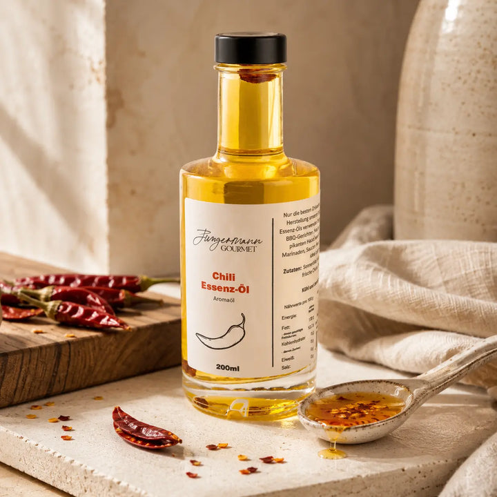 Jungermann Gourmet Chili-Essenzöl mit Öllöffel und getrockneten Chilis
