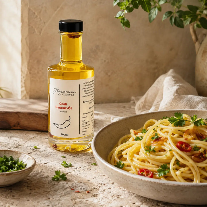 Jungermann Gourmet Chili-Essenzöl zu Spaghetti aglio e olio