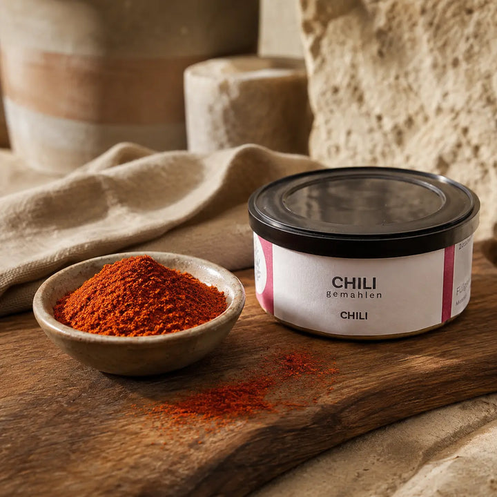 Jungermann Gourmet Chili gemahlen mit Chilipulver in einer Schale