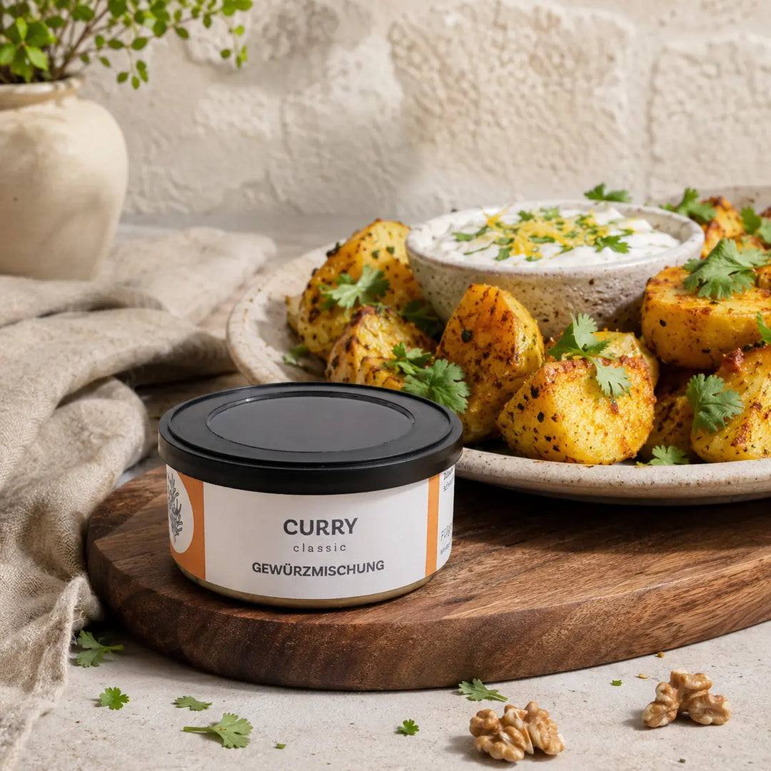 Jungermann Gourmet Curry zu Curry-Kartoffeln mit Joghurt-Dip