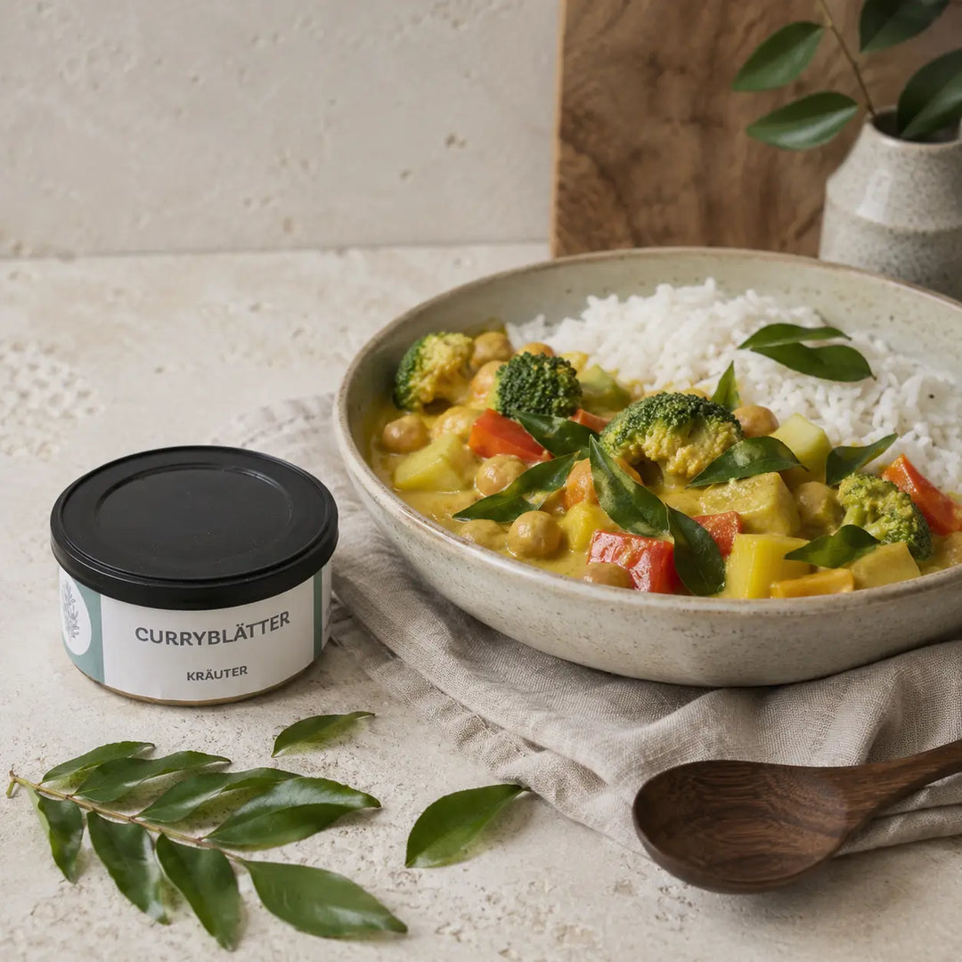 Jungermann Gourmet Curryblätter zu Kokos-Gemüse-Curry mit Reis