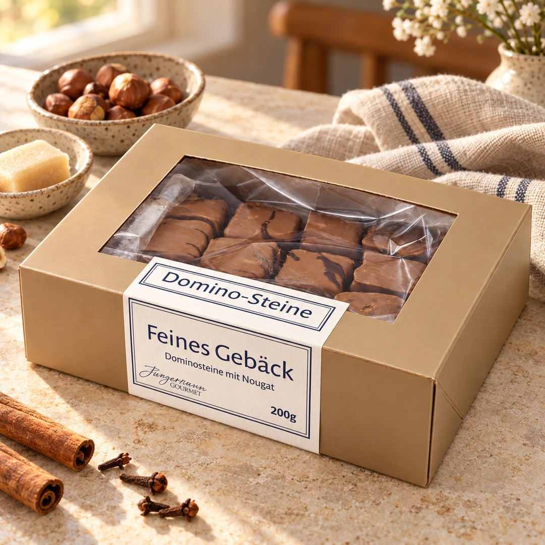 Dominosteine mit Nougat von Jungermann Gourmet in der Originalschachtel mit passenden Zutaten auf hellem Naturstein.