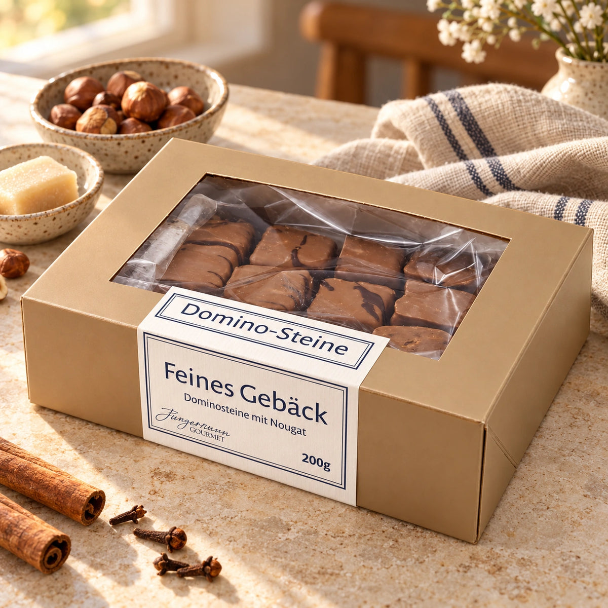 Dominosteine mit Nougat von Jungermann Gourmet in der Originalschachtel mit passenden Zutaten auf hellem Naturstein.
