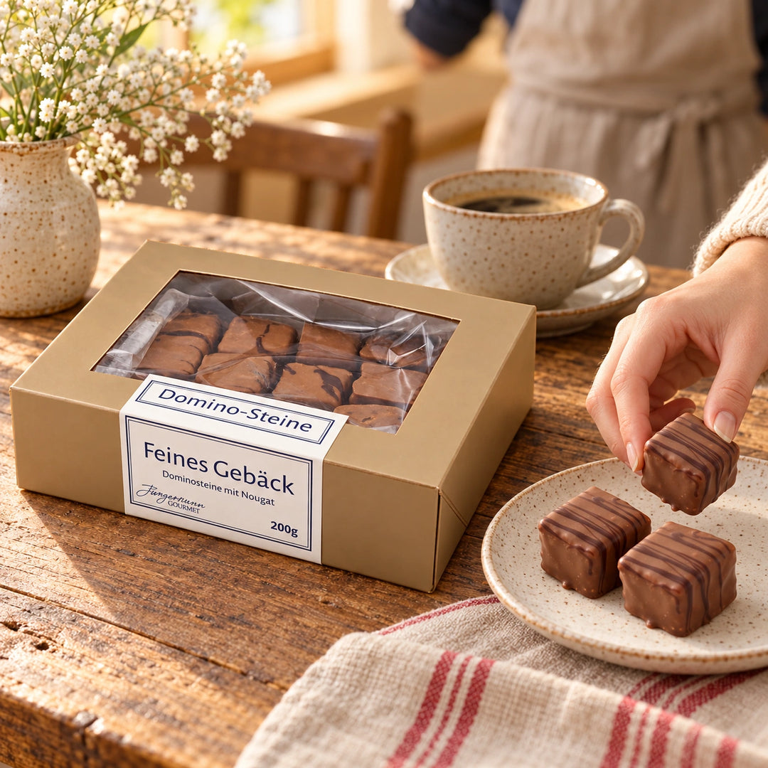 Eine Hand serviert Dominosteine mit Nougat neben der Originalschachtel von Jungermann Gourmet auf einem Holztisch.