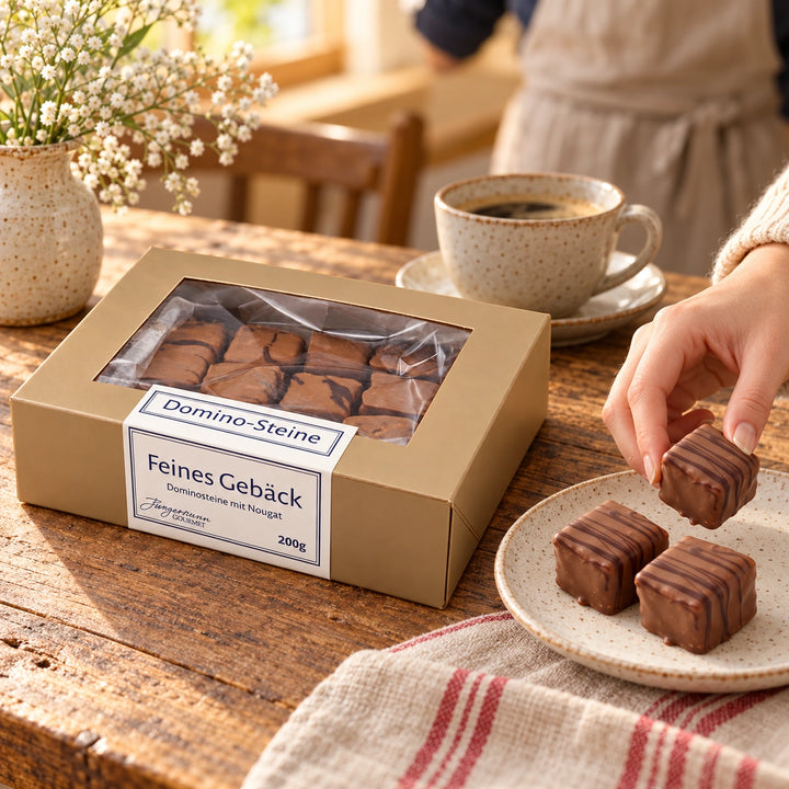 Eine Hand serviert Dominosteine mit Nougat neben der Originalschachtel von Jungermann Gourmet auf einem Holztisch.