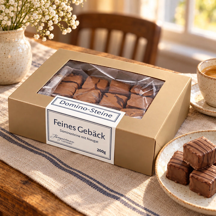 Dominosteine mit Nougat von Jungermann Gourmet mit Gebäck auf einem Steingutteller und einem Heißgetränk auf einer Kaffeetafel.