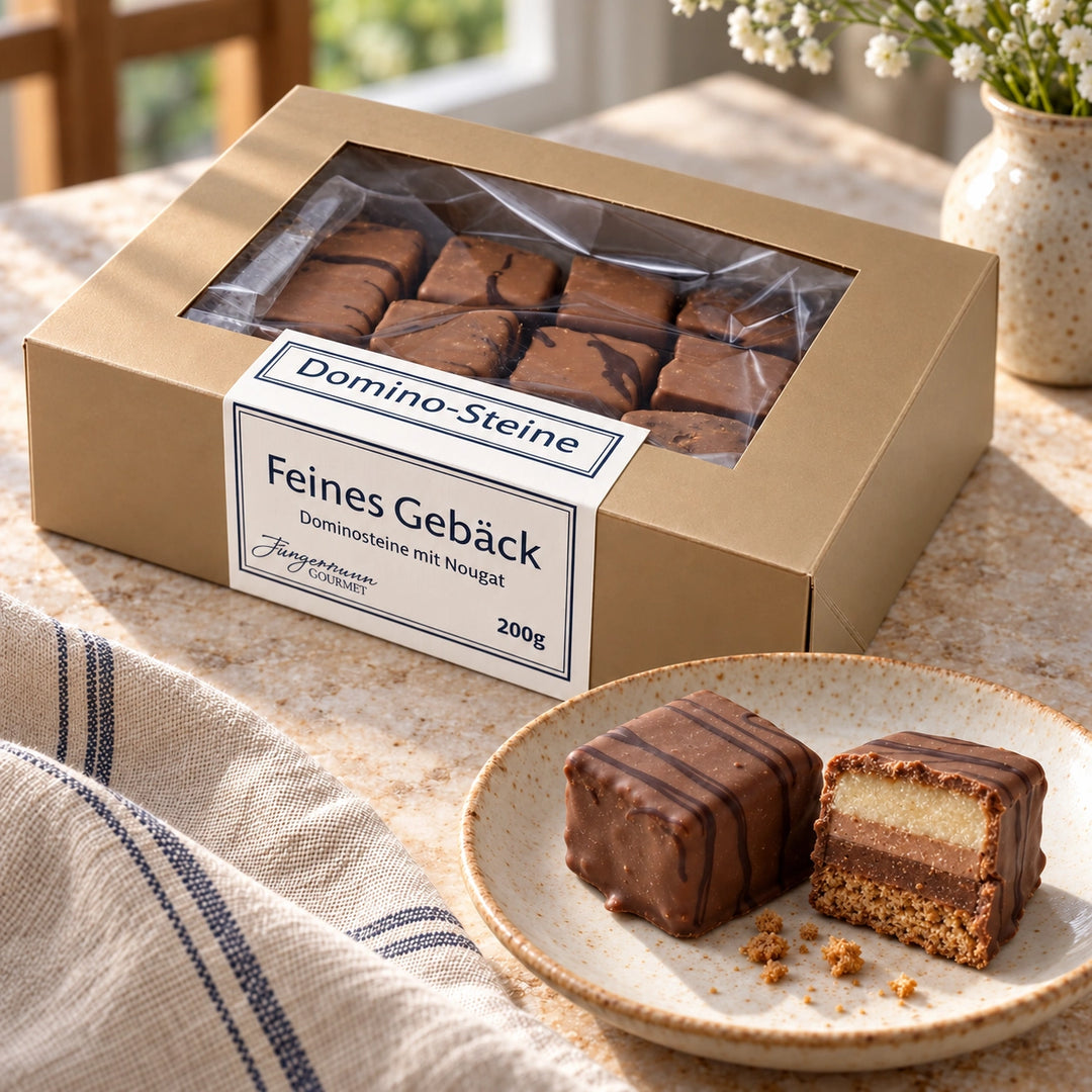 Dominosteine mit Nougat von Jungermann Gourmet im Anschnitt mit Lebkuchen, dunklem und hellem Nougat sowie Marzipan.