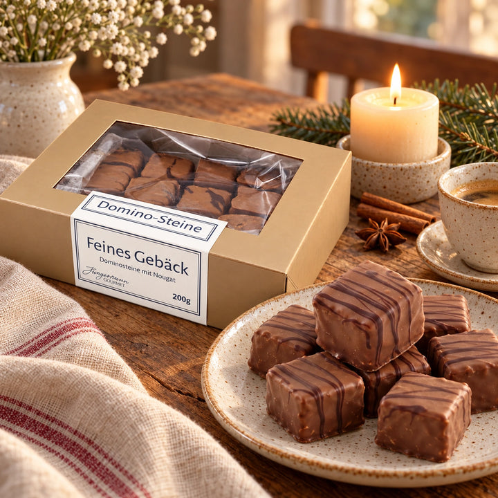 Dominosteine mit Nougat von Jungermann Gourmet auf einer Adventstafel mit Gebäck, Heißgetränk, Kerze und Tannenzweig.