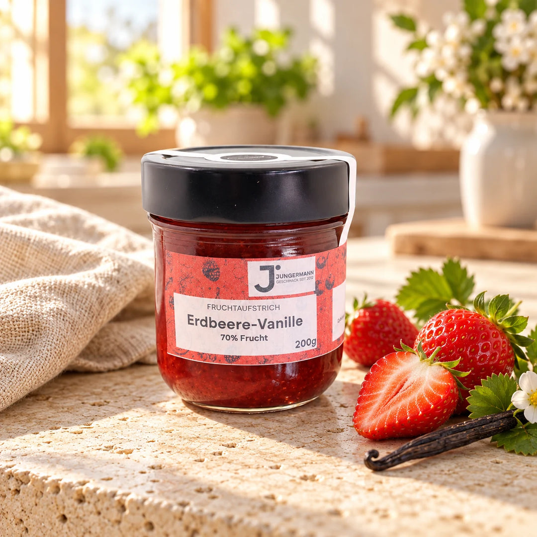 Erdbeere-Vanille Fruchtaufstrich von Jungermann Gourmet im 200-g-Glas auf hellem Naturstein mit frischen Erdbeeren und Bourbon-Vanilleschoten