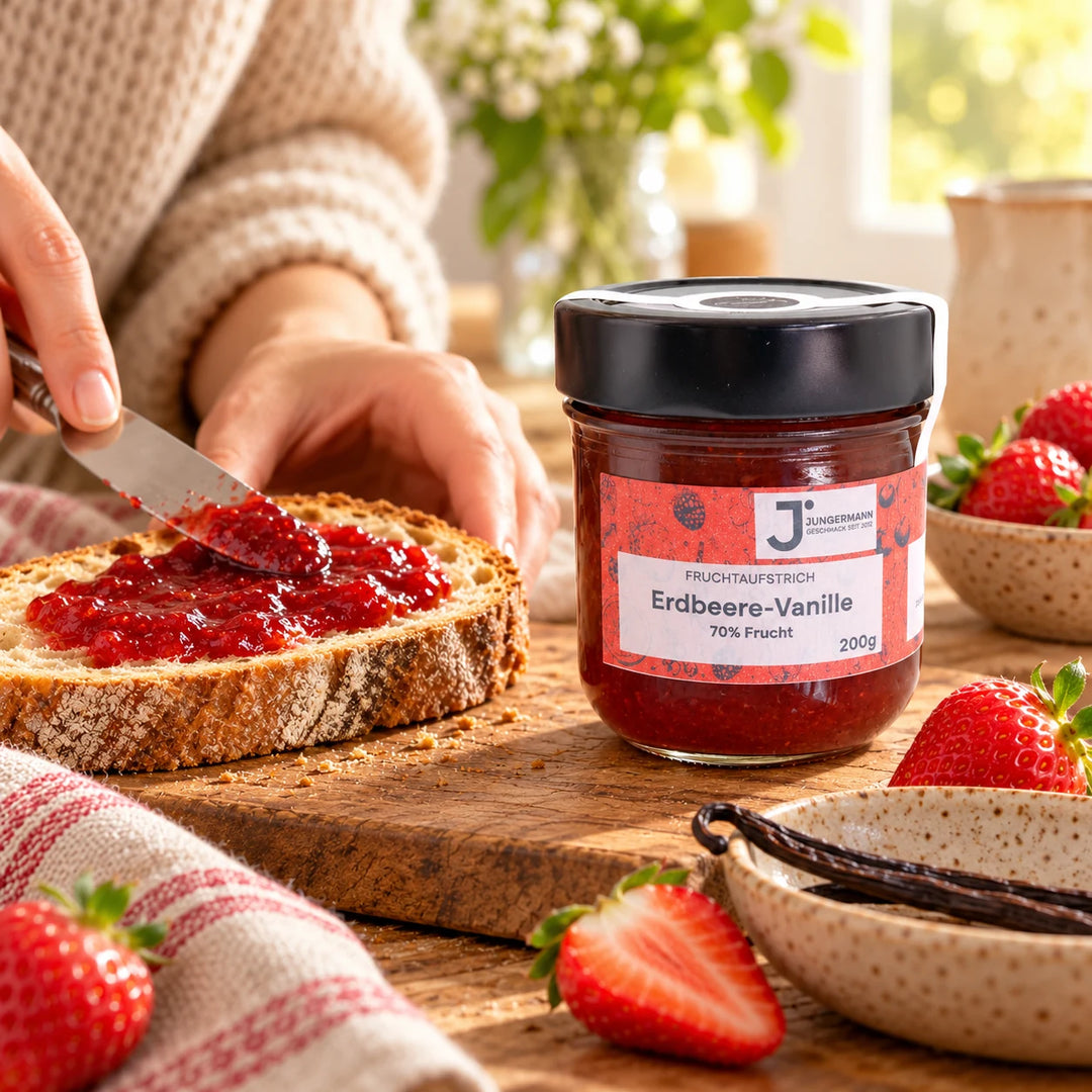 Eine Hand streicht Erdbeere-Vanille Fruchtaufstrich auf eine Scheibe Bauernbrot, neben dem Originalglas und frischen Erdbeeren